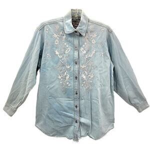 JouJou Vintage Denim Embroidered‎ Long Sleeve Vintage Oversized Button Up Shirt